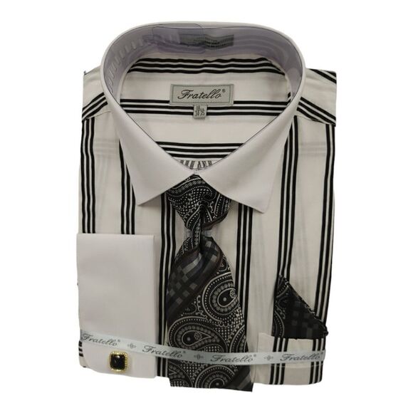 MEN'S FRATELLO TRIPLE STRIPED WHITE COLLAR FRENCH CUFF DRESS SHIRT. FRV4159P2. - Picture 1 of 4